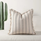Scandinavian Stripe Textured Cushion Cover – 18x18 Inch Cotton-Polyester Blend with Fringe for Sofa and Couch 0