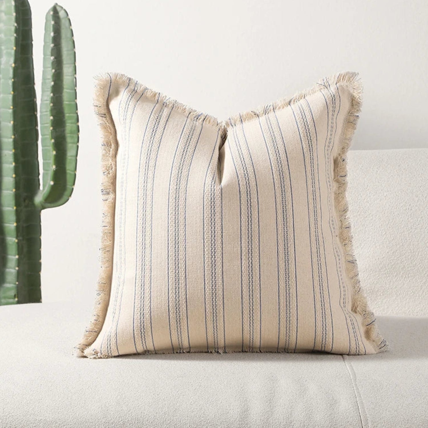 Scandinavian Stripe Textured Cushion Cover – 18x18 Inch Cotton-Polyester Blend with Fringe for Sofa and Couch 1
