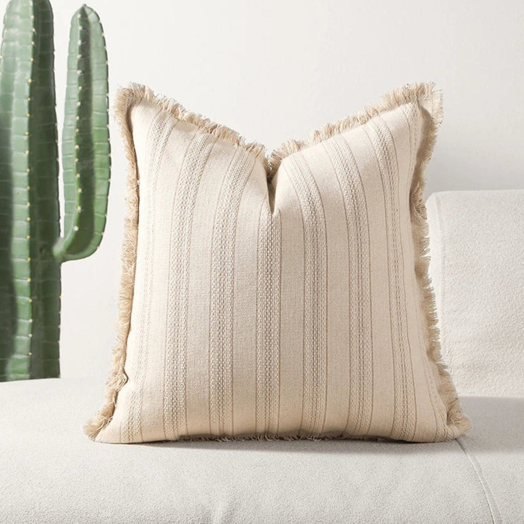 Scandinavian Stripe Textured Cushion Cover – 18x18 Inch Cotton-Polyester Blend with Fringe for Sofa and Couch 2