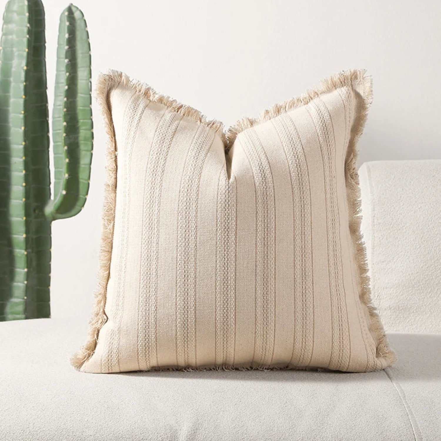 Scandinavian Stripe Textured Cushion Cover – 18x18 Inch Cotton-Polyester Blend with Fringe for Sofa and Couch 2