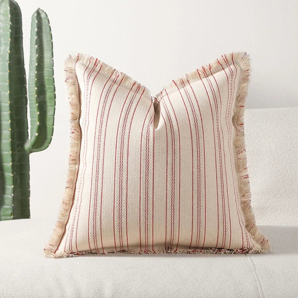 Scandinavian Stripe Textured Cushion Cover – 18x18 Inch Cotton-Polyester Blend with Fringe for Sofa and Couch 4