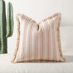 Scandinavian Stripe Textured Cushion Cover – 18x18 Inch Cotton-Polyester Blend with Fringe for Sofa and Couch 4
