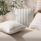 Scandinavian Stripe Textured Cushion Cover – 18x18 Inch Cotton-Polyester Blend with Fringe for Sofa and Couch 5