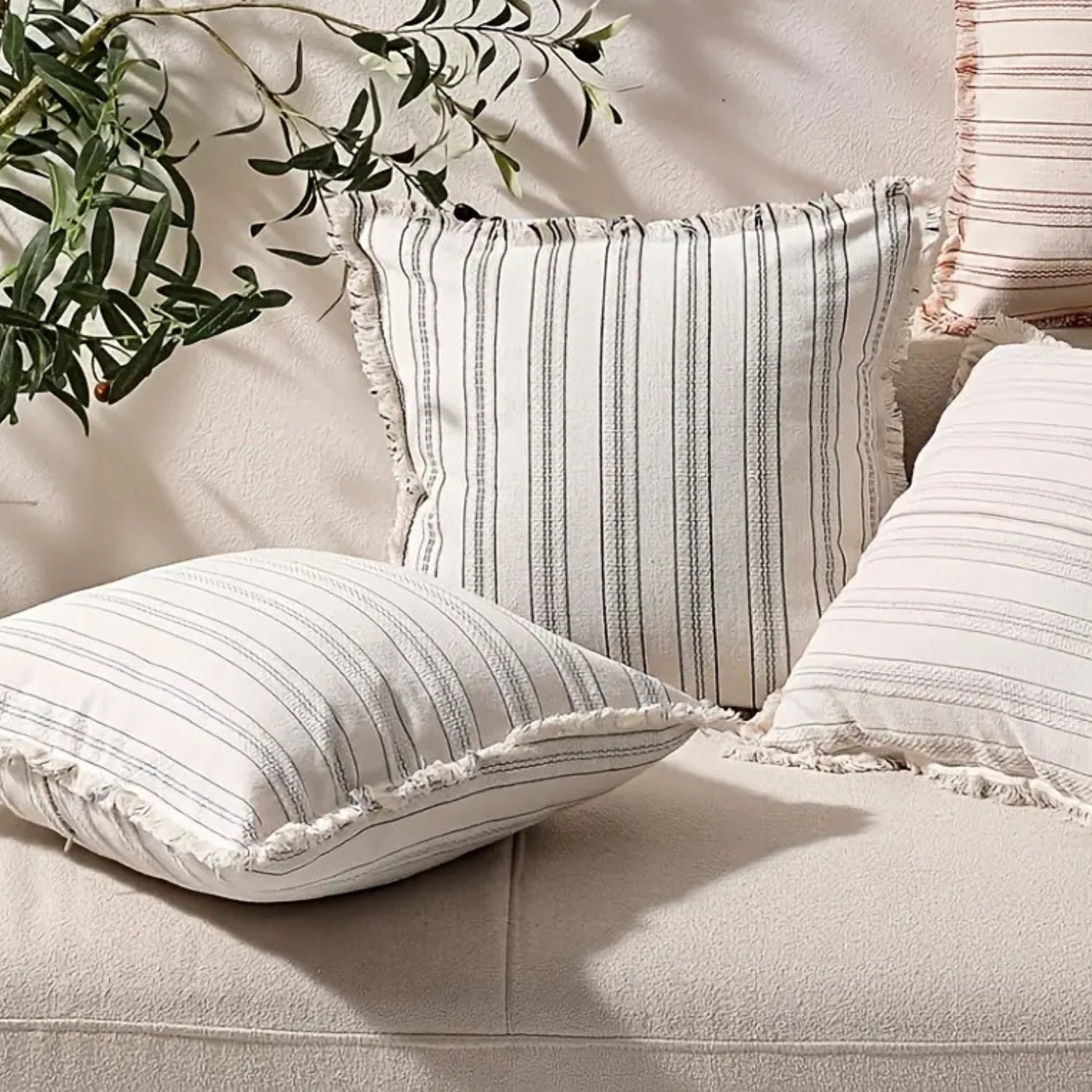 Scandinavian Stripe Textured Cushion Cover – 18x18 Inch Cotton-Polyester Blend with Fringe for Sofa and Couch 5