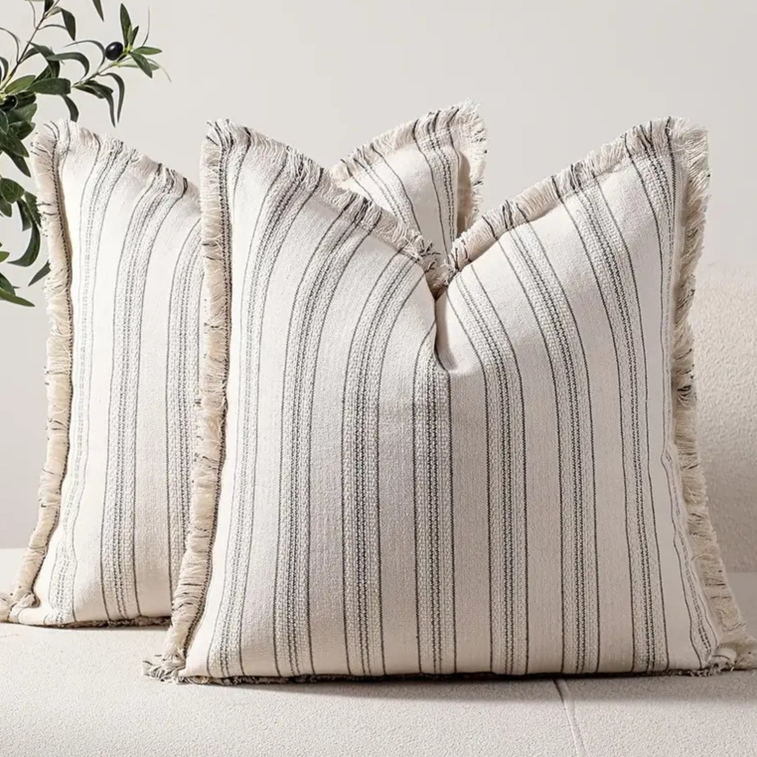Scandinavian Stripe Textured Cushion Cover – 18x18 Inch Cotton-Polyester Blend with Fringe for Sofa and Couch 7