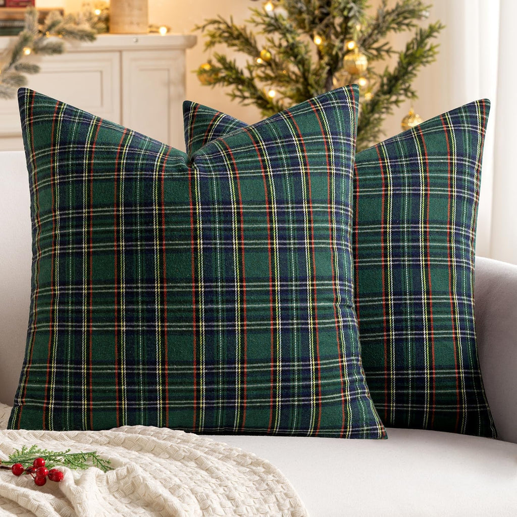 Scottish tartan plaid throw pillow covers in festive red and green, perfect for Christmas decor. Each cover measures 18x18 inches, crafted from 0