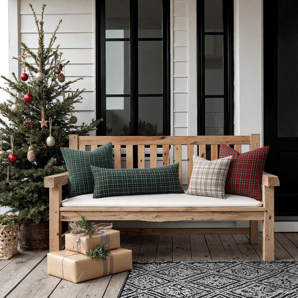 Scottish tartan plaid throw pillow covers in festive red and green, perfect for Christmas decor. Each cover measures 18x18 inches, crafted from 4
