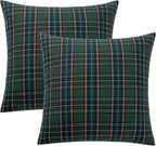 Scottish tartan plaid throw pillow covers in festive red and green, perfect for Christmas decor. Each cover measures 18x18 inches, crafted from 5