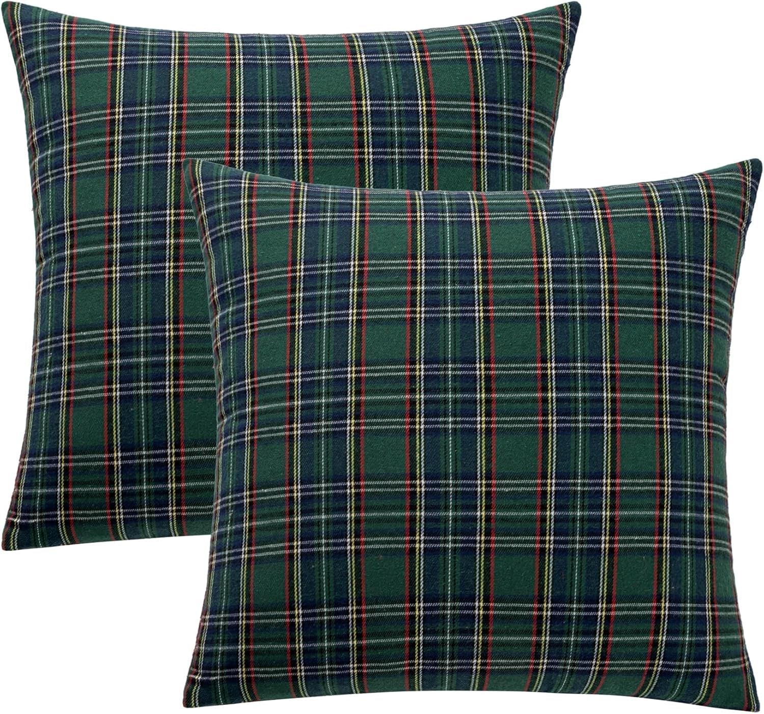 Scottish tartan plaid throw pillow covers in festive red and green, perfect for Christmas decor. Each cover measures 18x18 inches, crafted from 5
