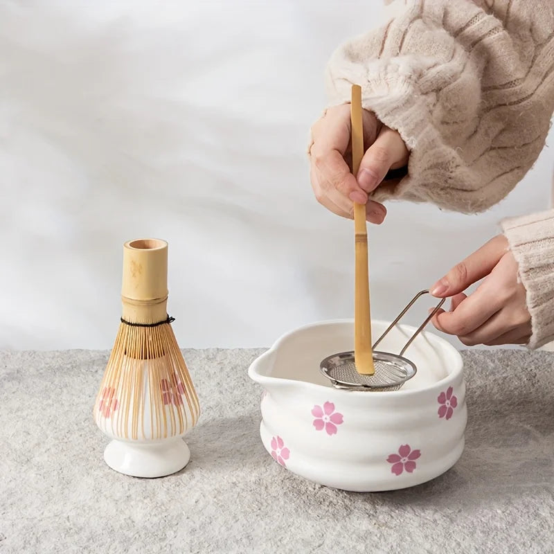 5-Piece Elegant Cherry Blossom Matcha Tea Set – Japanese Ceramic Bowl Set with Whisk for Perfect Matcha Preparation-2