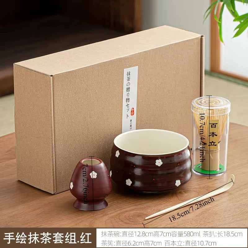 Variant image for Elegant Ceramic Matcha Teaware Set with Whisk and Spoon – Dark Red with Cherry Blossom Design for Authentic Japanese Tea Experience-2