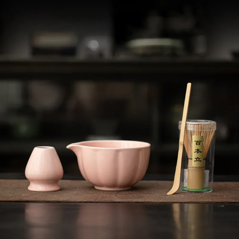 Pink Pumpkin Petal Matcha Tea Set – 4-Piece Tea Set with Bamboo Whisk, Teaspoon, and Bowls for Perfect Indoor Brewing