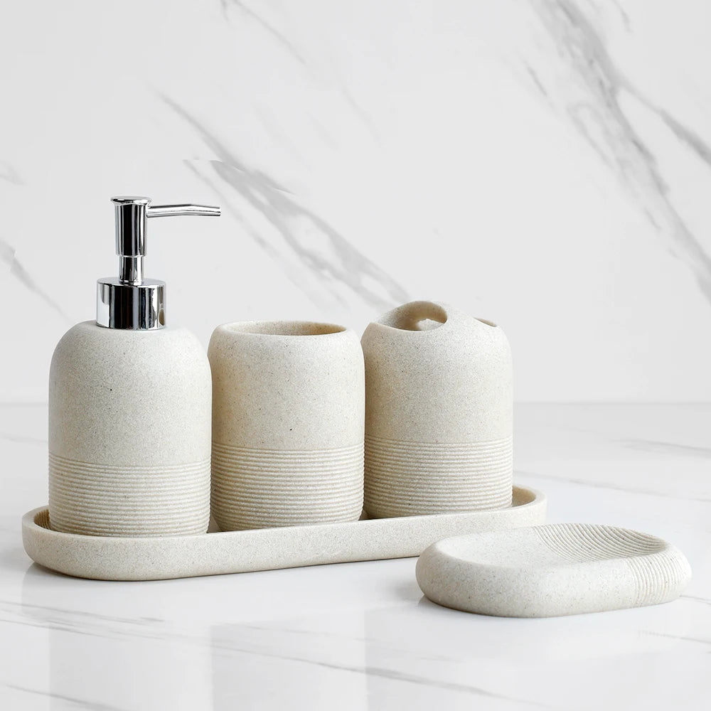 Variant image for 5-Piece Bathroom Accessories Set in Beige and Grey – Lotion Dispenser, Toothbrush Holder, Tray, Tumbler Cup, Soap Dish-1