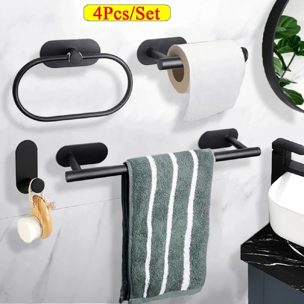 Self-Adhesive Stainless Steel Towel Holder Set – 4-Piece Organizer 4