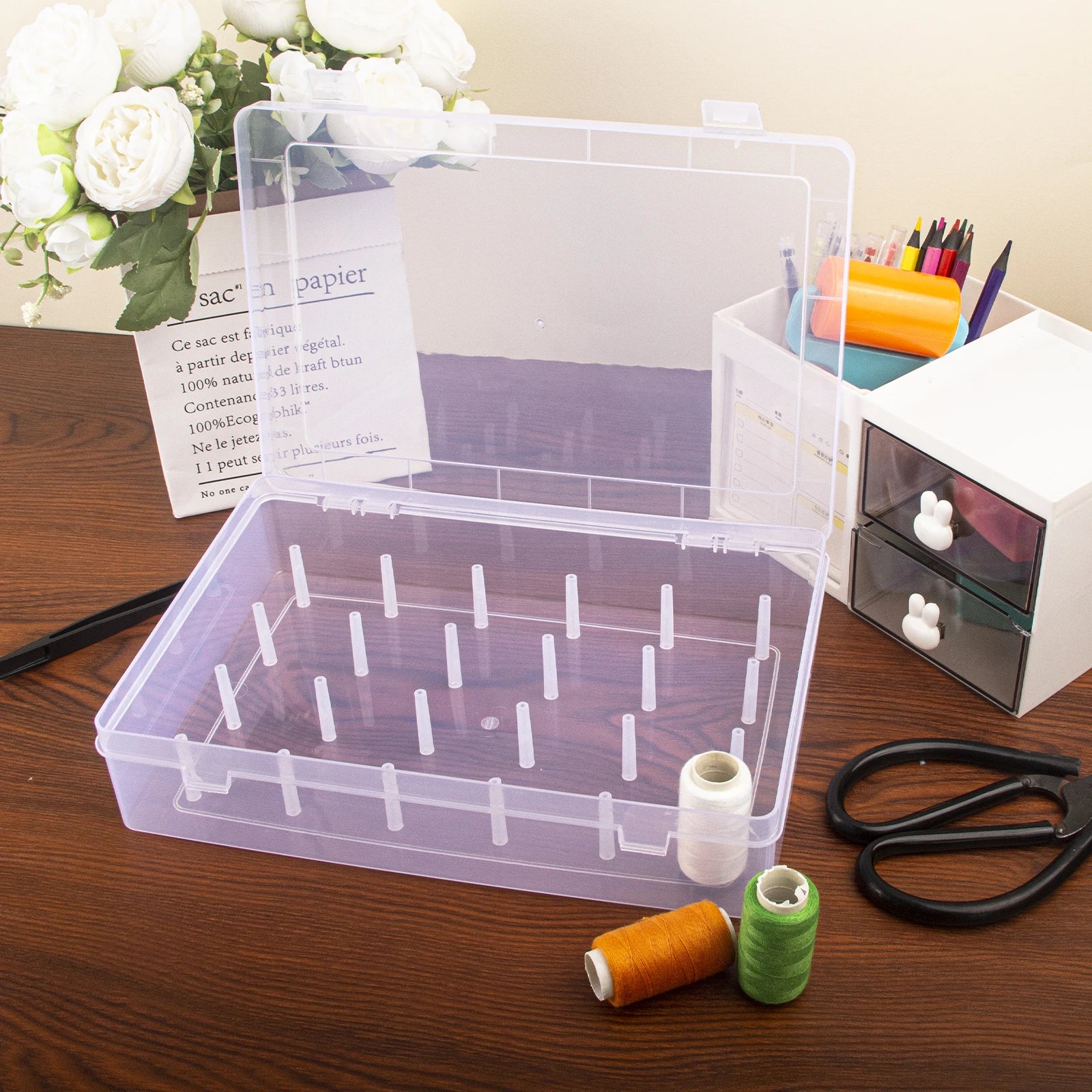 Sewing box organizer – Durable plastic – 24-slot design – White sewing storage for threads and accessories 2