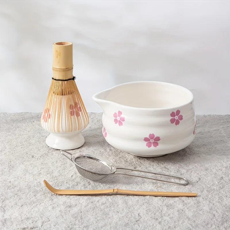 5-Piece Elegant Cherry Blossom Matcha Tea Set – Japanese Ceramic Bowl Set with Whisk for Perfect Matcha Preparation-1