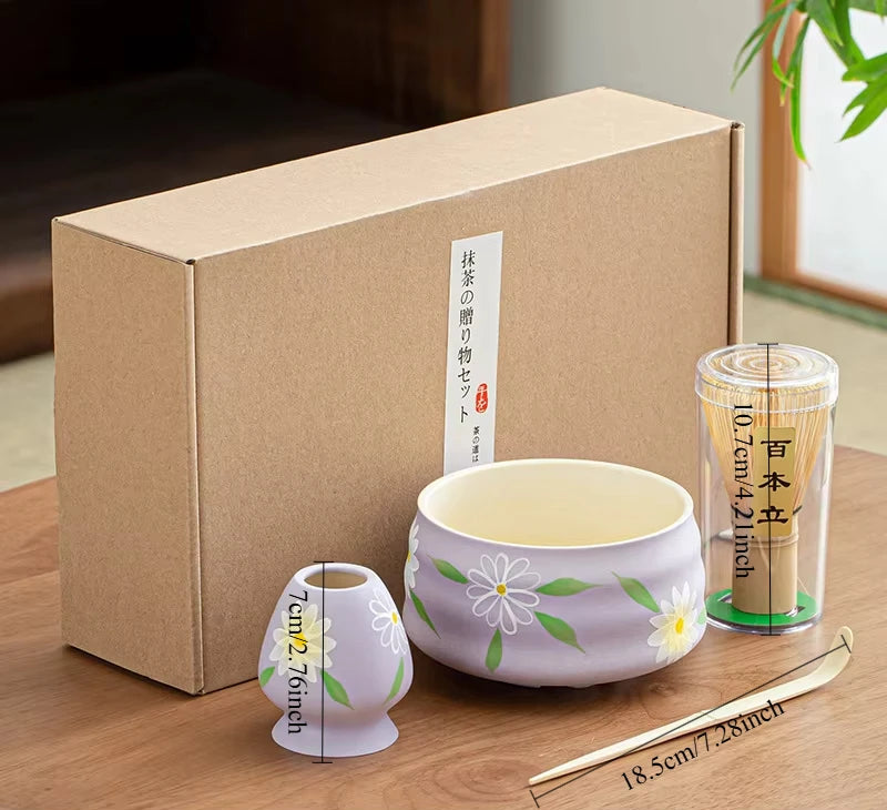 Variant image for Elegant Ceramic Matcha Teaware Set with Whisk and Spoon – Dark Red with Cherry Blossom Design for Authentic Japanese Tea Experience-3