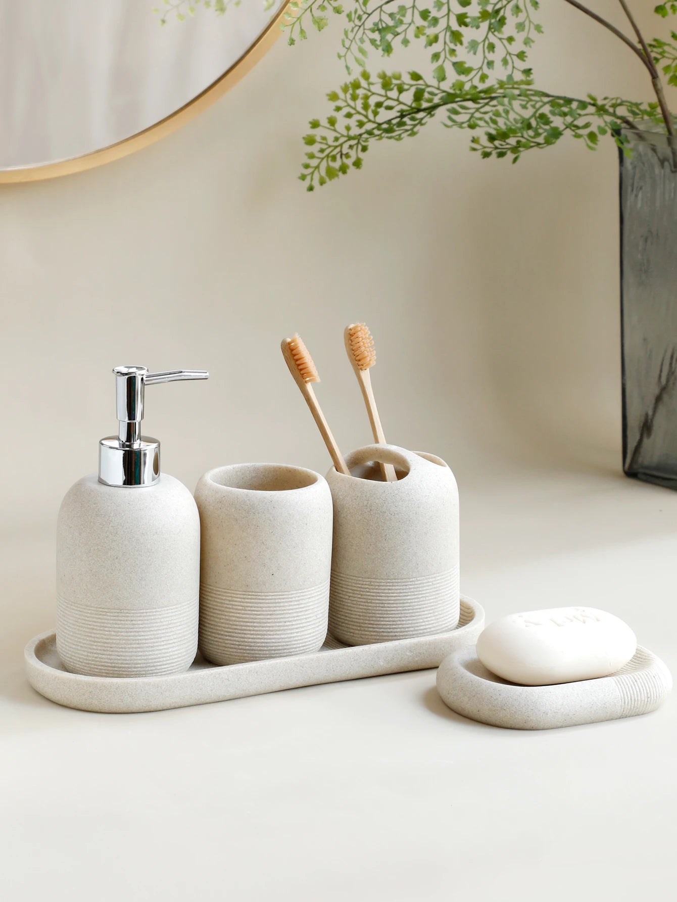 5-Piece Bathroom Accessories Set in Beige and Grey – Lotion Dispenser, Toothbrush Holder, Tray, Tumbler Cup, Soap Dish-1