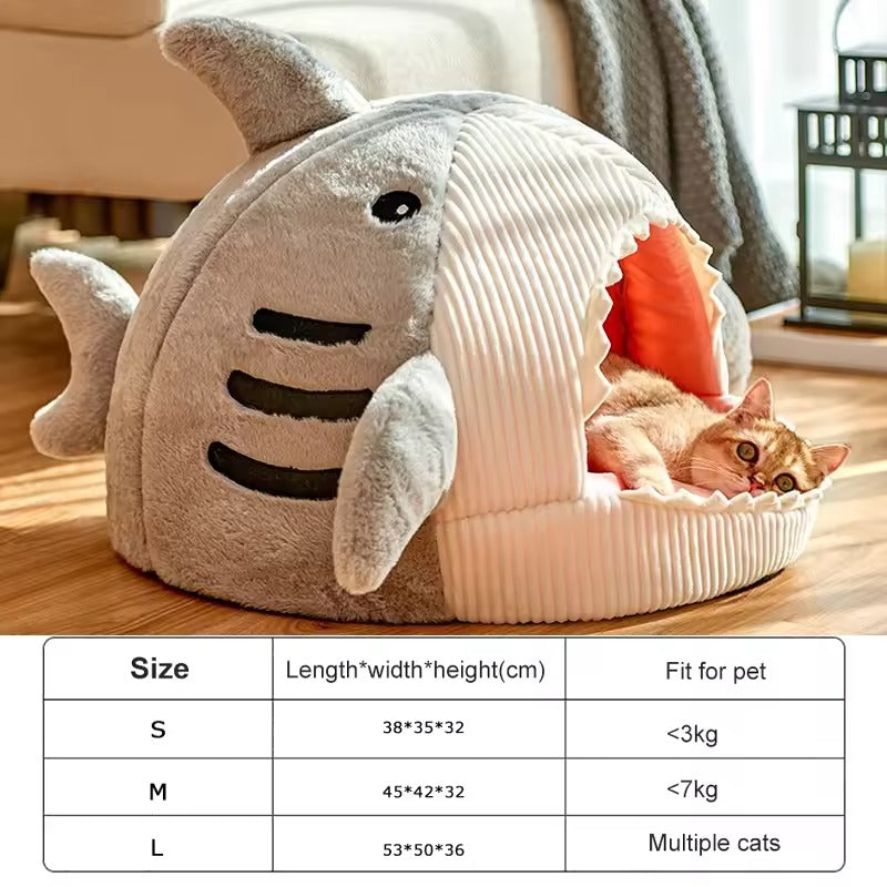 Shark-shaped cat bed made of soft corduroy and plush material, featuring a cozy pet cave design. Available in three sizes, with dimensions ranging 4