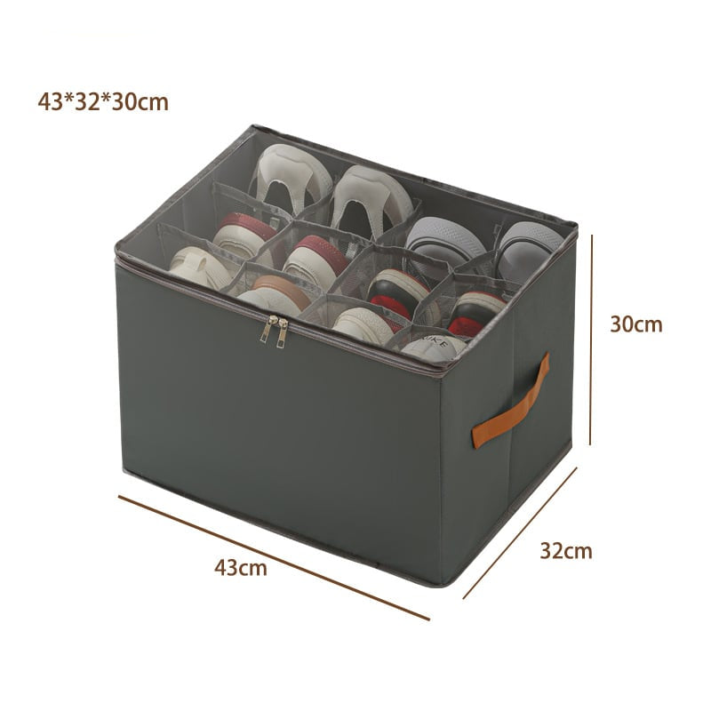Black shoe organizer featuring a clear cover and adjustable compartments, designed to hold up to 16 pairs of shoes. Ideal for keeping footwear organized and visible in 1