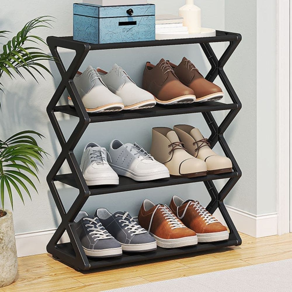Galvanized steel shoe rack with a space-saving design, ideal for closet organization. Measures 39.4 x 11.8 x 31 0