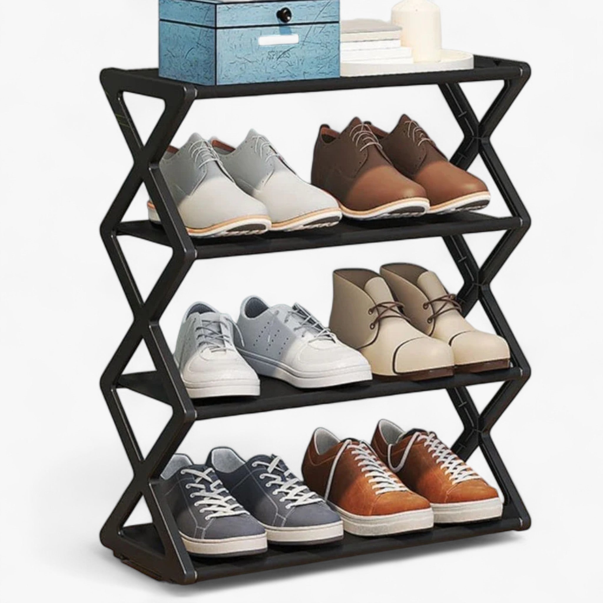 Galvanized steel shoe rack featuring a space-saving design, perfect for closet organization. Measures 39.4 x 11.8 x 31 1