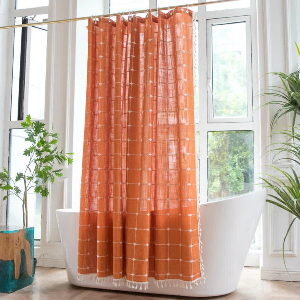 Shower curtain – Cotton-linen blend – Soft fringed design – Water-resistant bathroom accessory 0