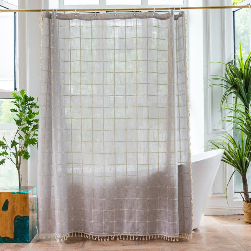 Shower curtain – Cotton-linen blend – Soft fringed design – Water-resistant bathroom accessory 10