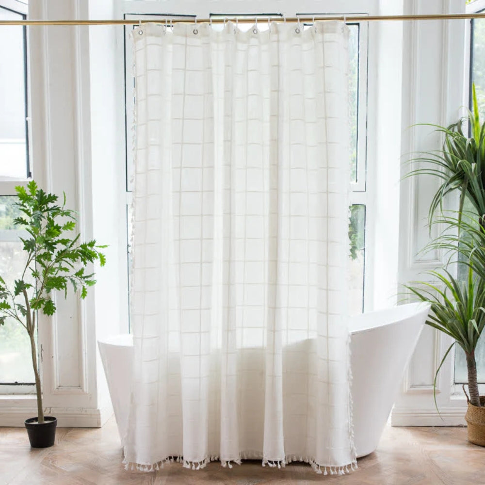 Shower curtain – Cotton-linen blend – Soft fringed design – Water-resistant bathroom accessory 5