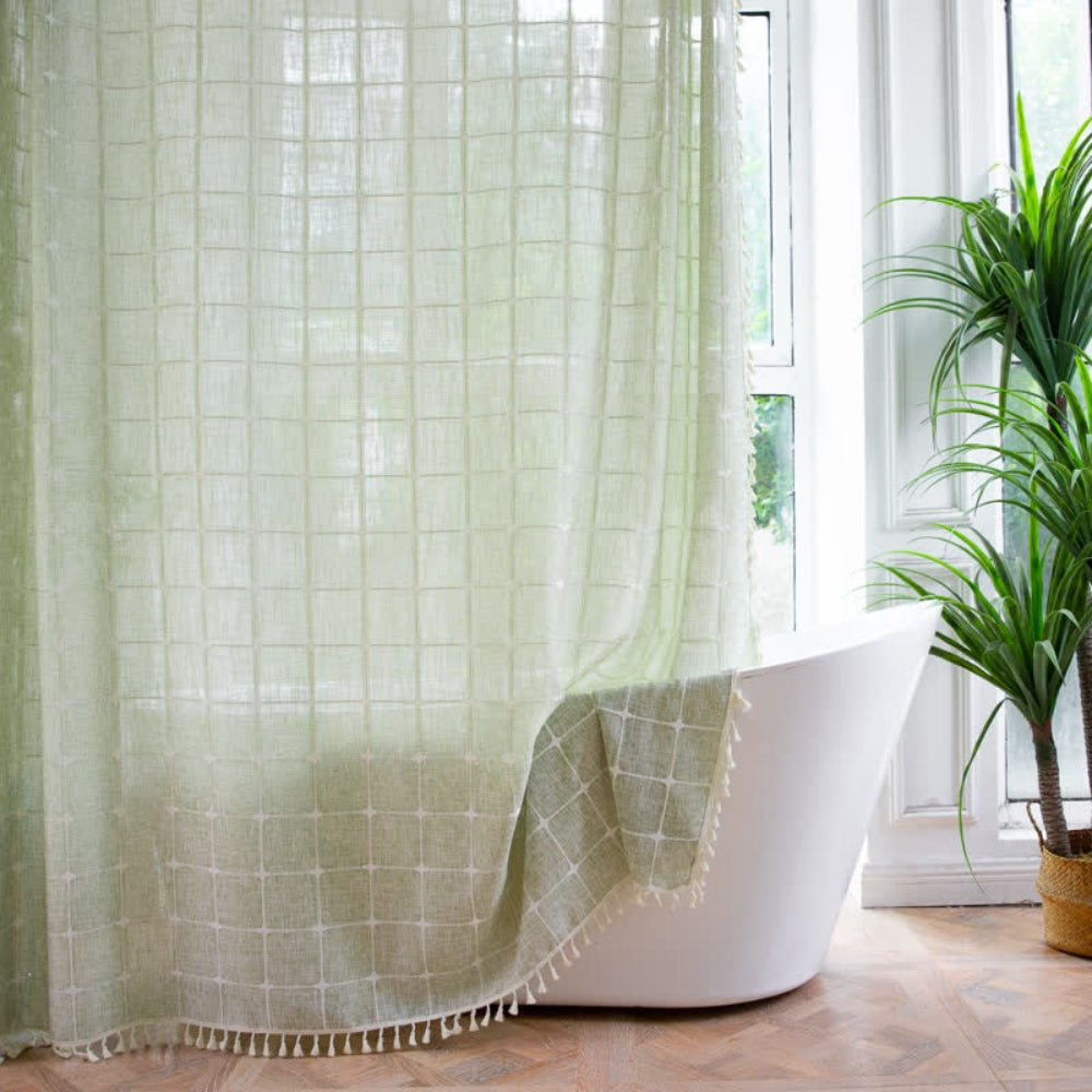 Shower curtain – Cotton-linen blend – Soft fringed design – Water-resistant bathroom accessory 6
