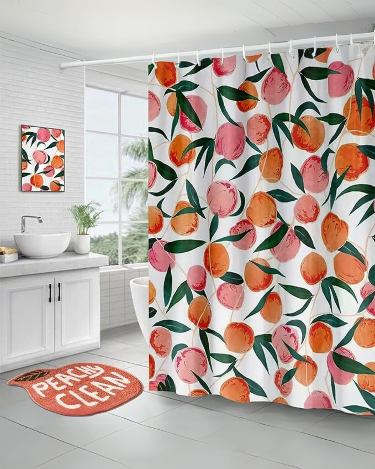 Shower curtain – High-quality fabric – Hand-painted peaches and greenery – Elegant bathroom decor 1