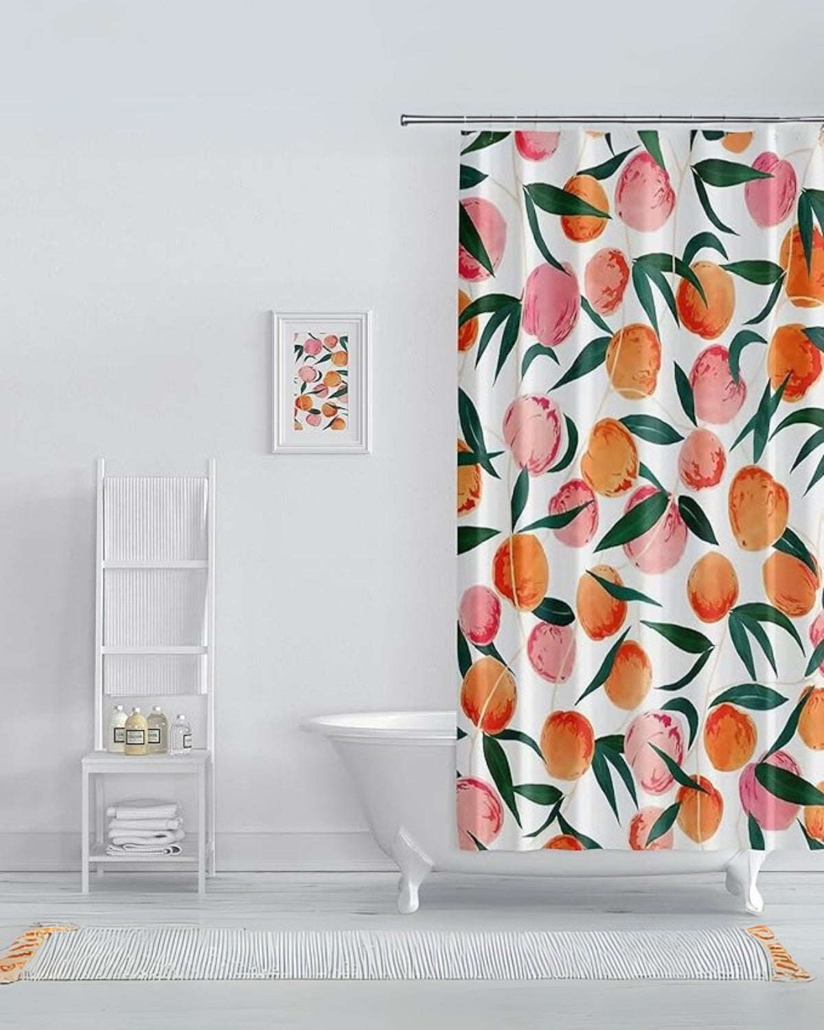 Shower curtain – High-quality fabric – Hand-painted peaches and greenery – Elegant bathroom decor 2