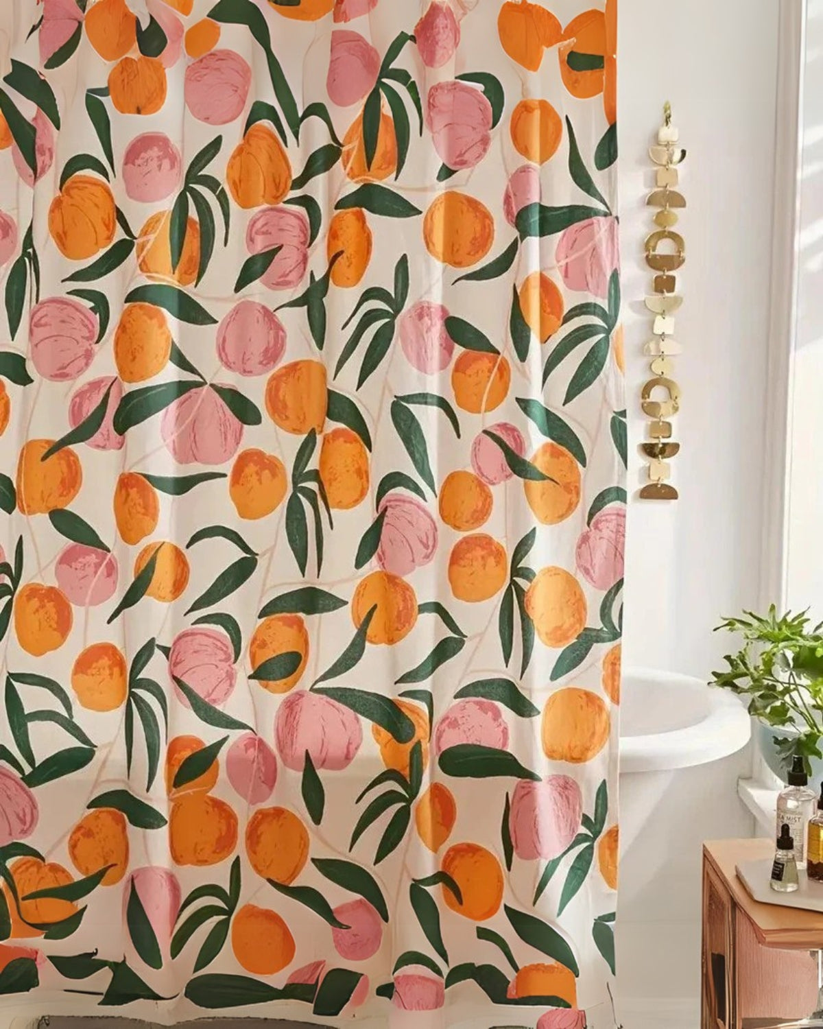 Shower curtain – High-quality fabric – Hand-painted peaches and greenery – Elegant bathroom decor 4