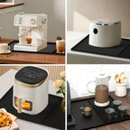 Black silicone coffee bar mat featuring a sleek, modern design. Heat-resistant and waterproof, it provides a durable surface for coffee setups, ensuring easy cleanup and 4