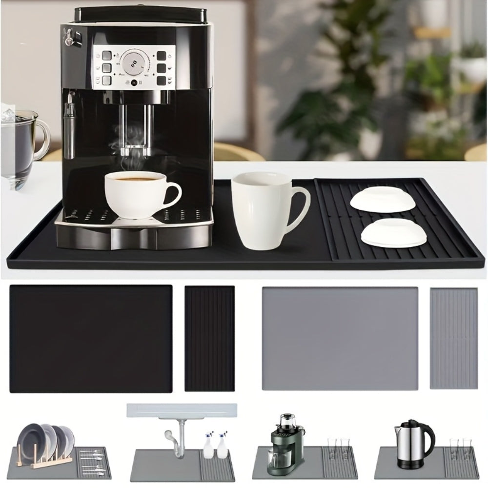 Black silicone coffee bar mat featuring a sleek, modern design. Heat-resistant and waterproof, it provides a durable surface for coffee setups, ensuring easy cleanup and 5