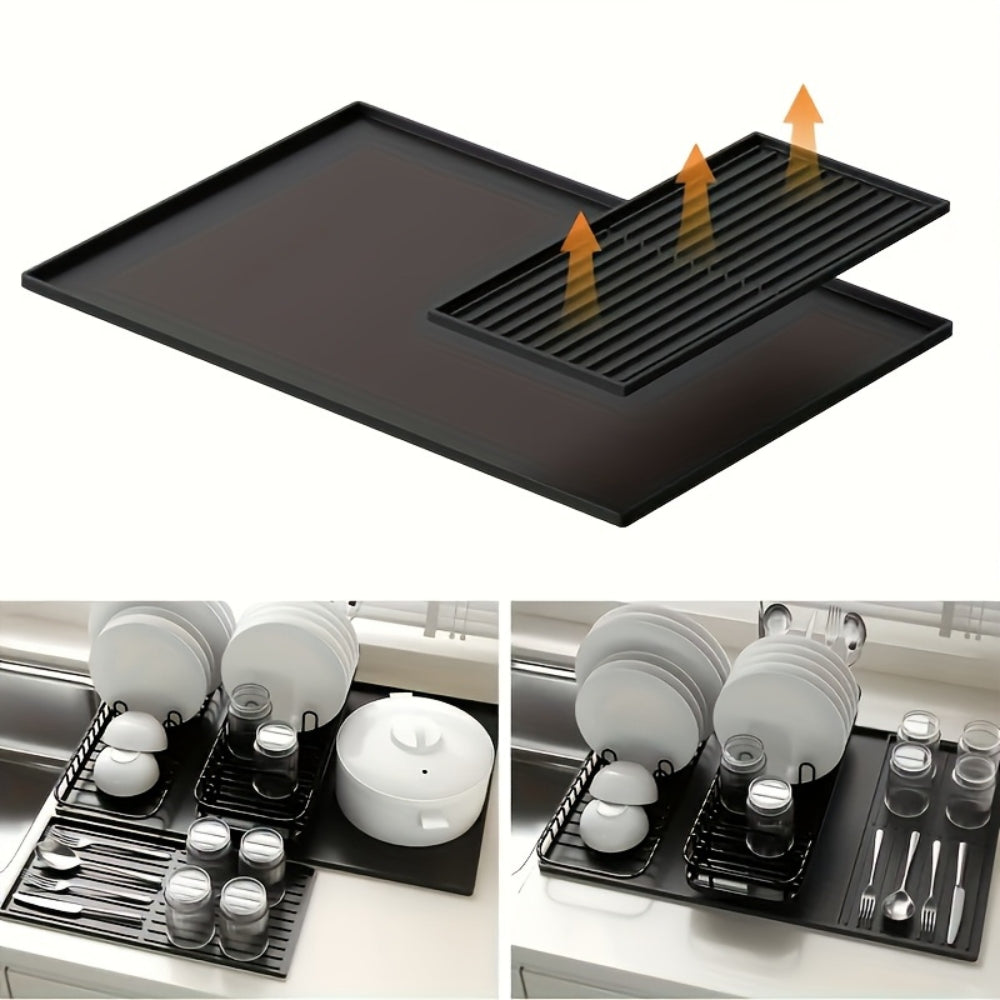 Black silicone coffee bar mat featuring a sleek, modern design. Heat-resistant and waterproof, it provides a durable surface for coffee setups, ensuring easy cleanup and 7