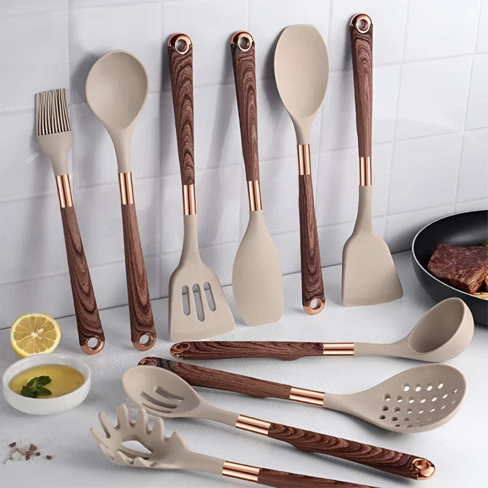 10-piece silicone cooking utensils set in vibrant colors, featuring heat-resistant tools with ergonomic design for comfort. Ideal for modern kitchens, includes spatulas, spo 0