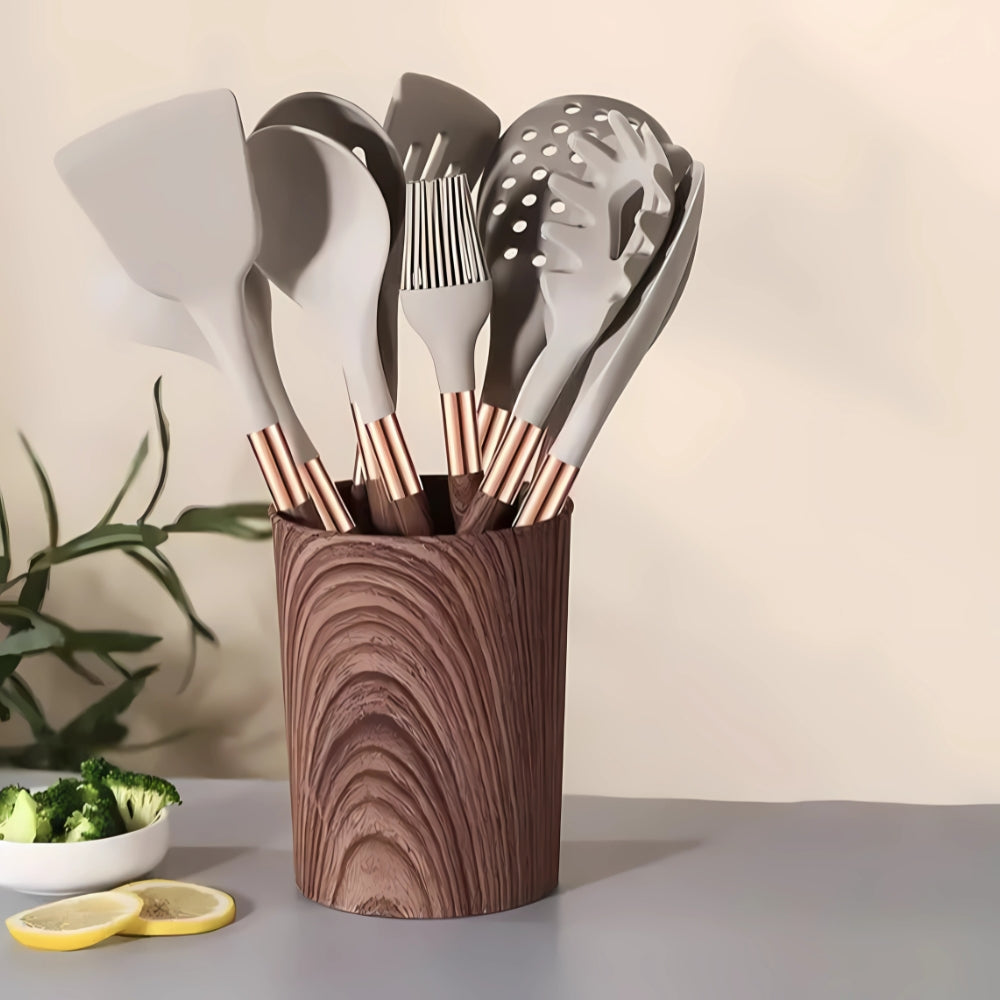 10-piece silicone cooking utensils set in vibrant colors, featuring heat-resistant tools including spatulas, spoons, and tongs. Ergonomic design ensures comfort 1
