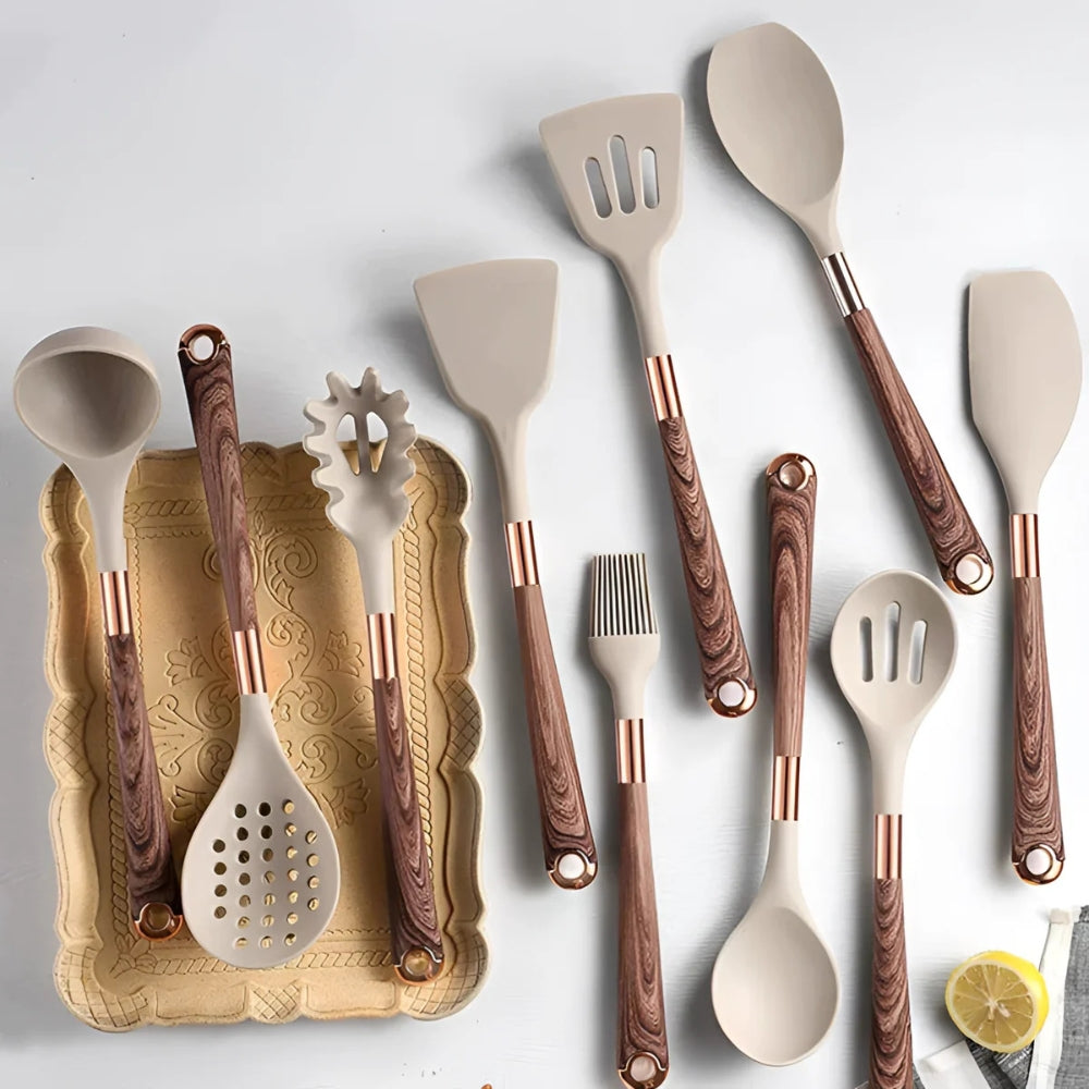10-piece silicone cooking utensils set in vibrant colors, featuring heat-resistant tools including spatulas, spoons, and tongs. Ergonomic design for comfortable 7