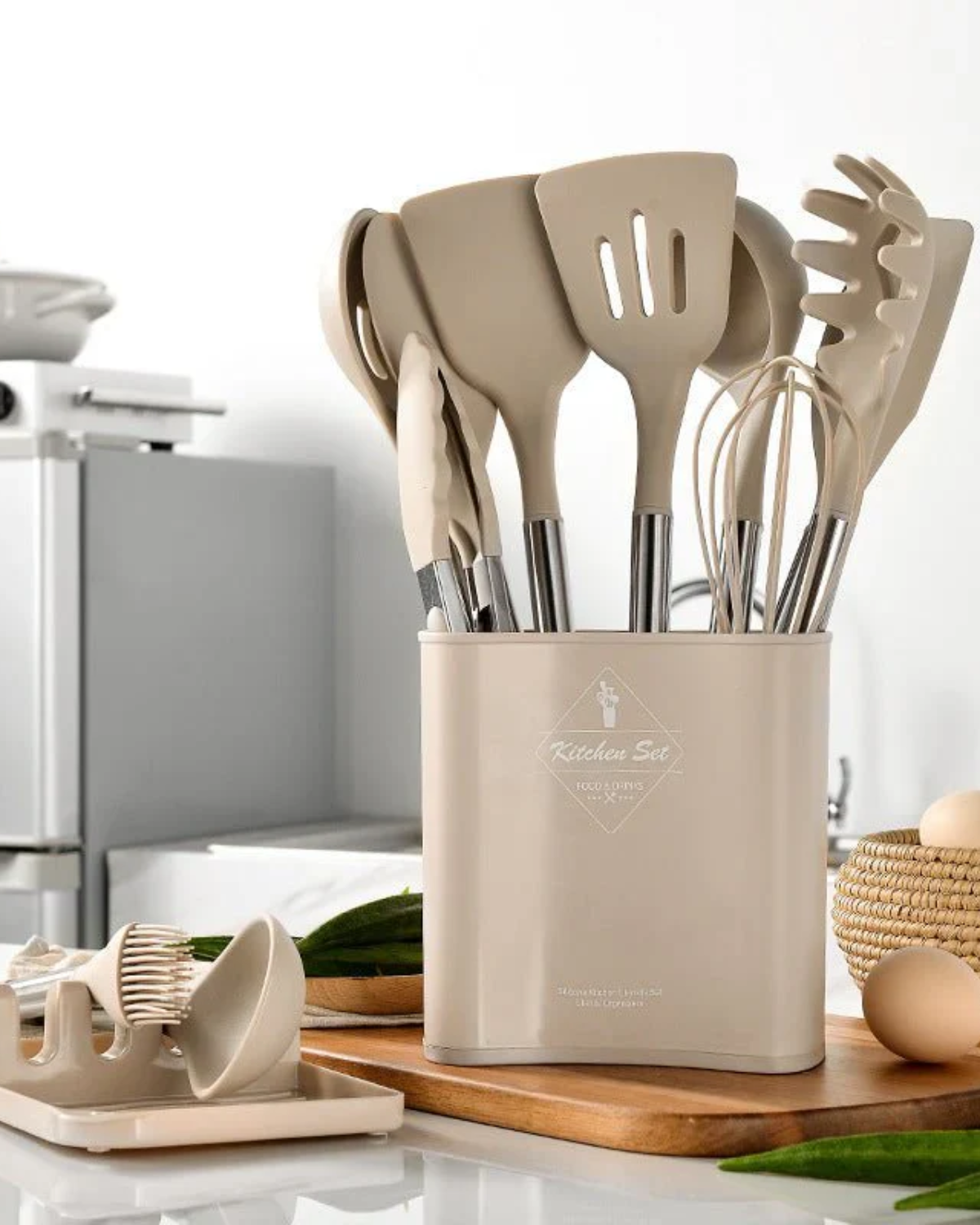 Silicone utensil set – 13-piece – BPA-free – Heat resistant – Beige latte kitchen tools 1