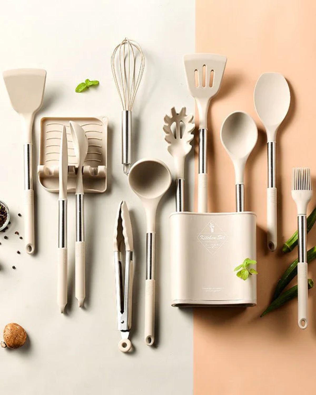 Silicone utensil set – 13-piece – BPA-free – Heat resistant – Beige latte kitchen tools 3