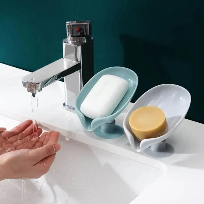 Soap holder – Leaf design – Durable plastic – Shower or kitchen use – 2-pack with suction cups 1