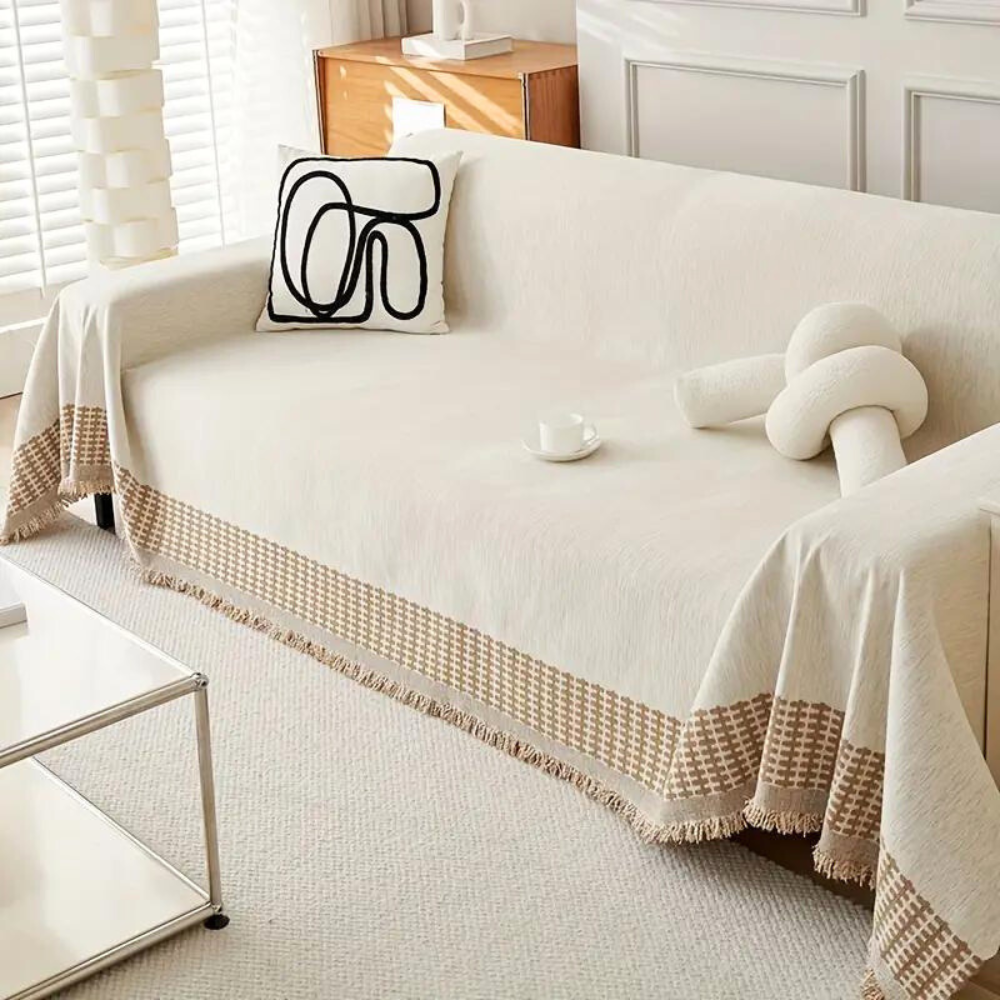 Sofa cover – Chenille cotton blend – Pet-friendly and stain-resistant – Rustic tassel design 1