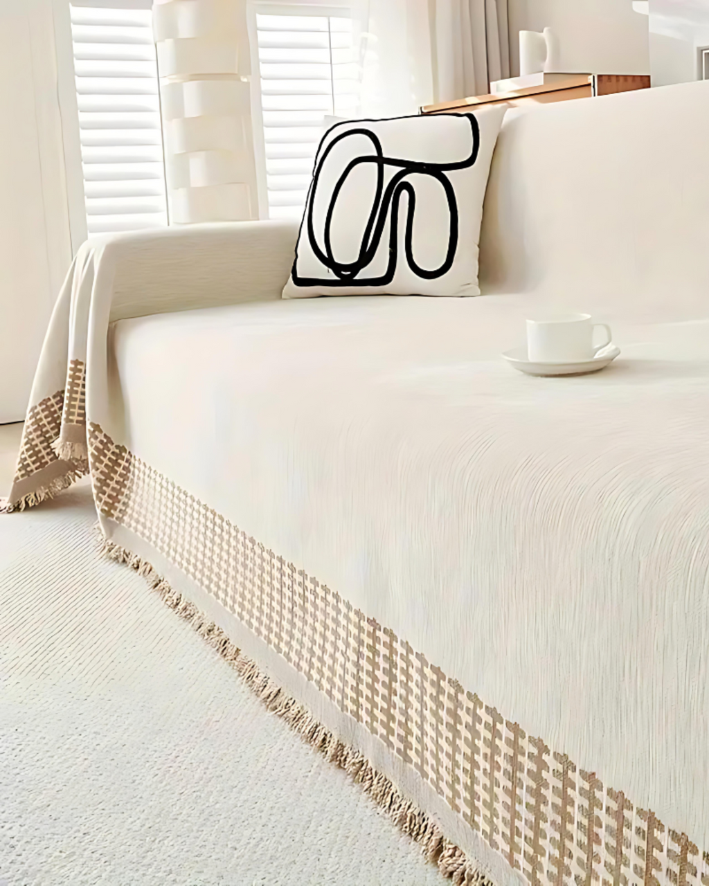 Sofa cover – Durable fabric – Textured neutral design – Elegant couch protection for living room 2