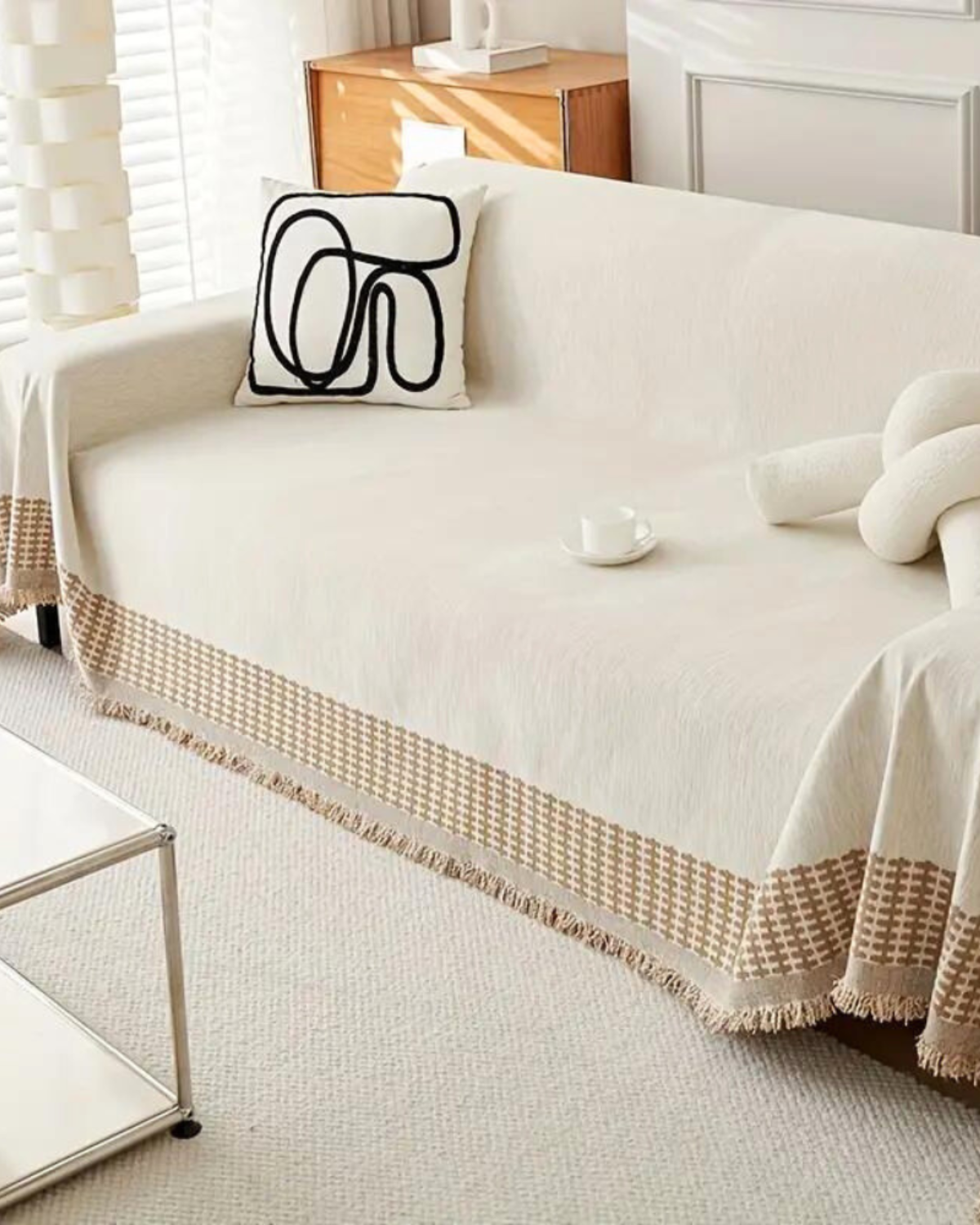 Sofa cover – Durable fabric – Textured neutral design – Elegant couch protection for living room 3