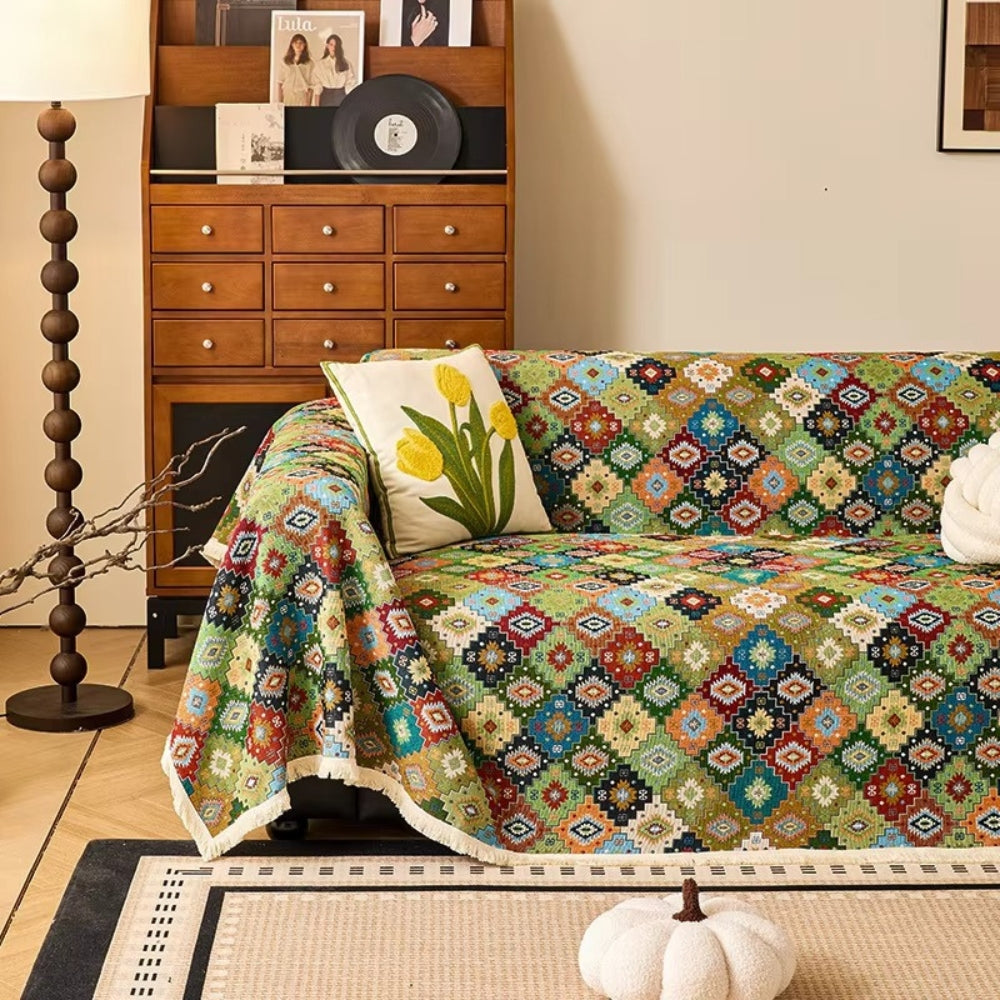 Sofa cover – Soft microfibre – Kilim geometric design – Chic tassel trim – Versatile couch slipcover for living room 0