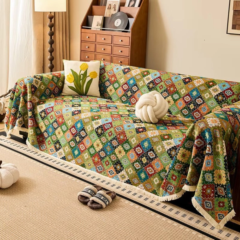 Sofa cover – Soft microfibre – Kilim geometric design – Chic tassel trim – Versatile couch slipcover for living room 1