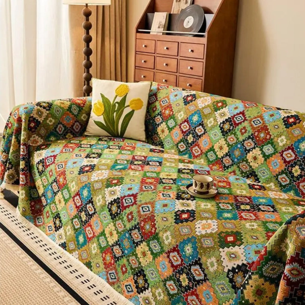Sofa cover – Soft microfibre – Kilim geometric design – Chic tassel trim – Versatile couch slipcover for living room 2