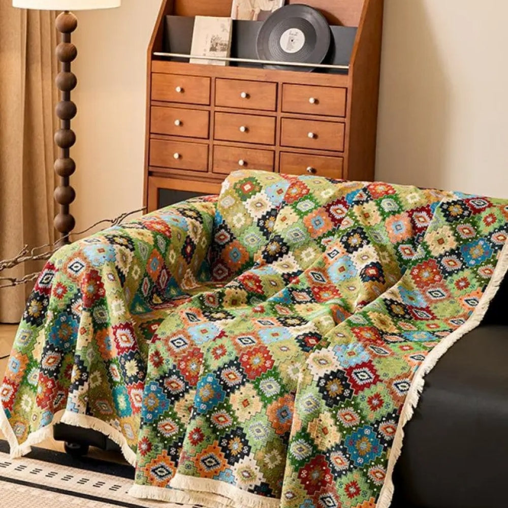 Sofa cover – Soft microfibre – Kilim geometric design – Chic tassel trim – Versatile couch slipcover for living room 3