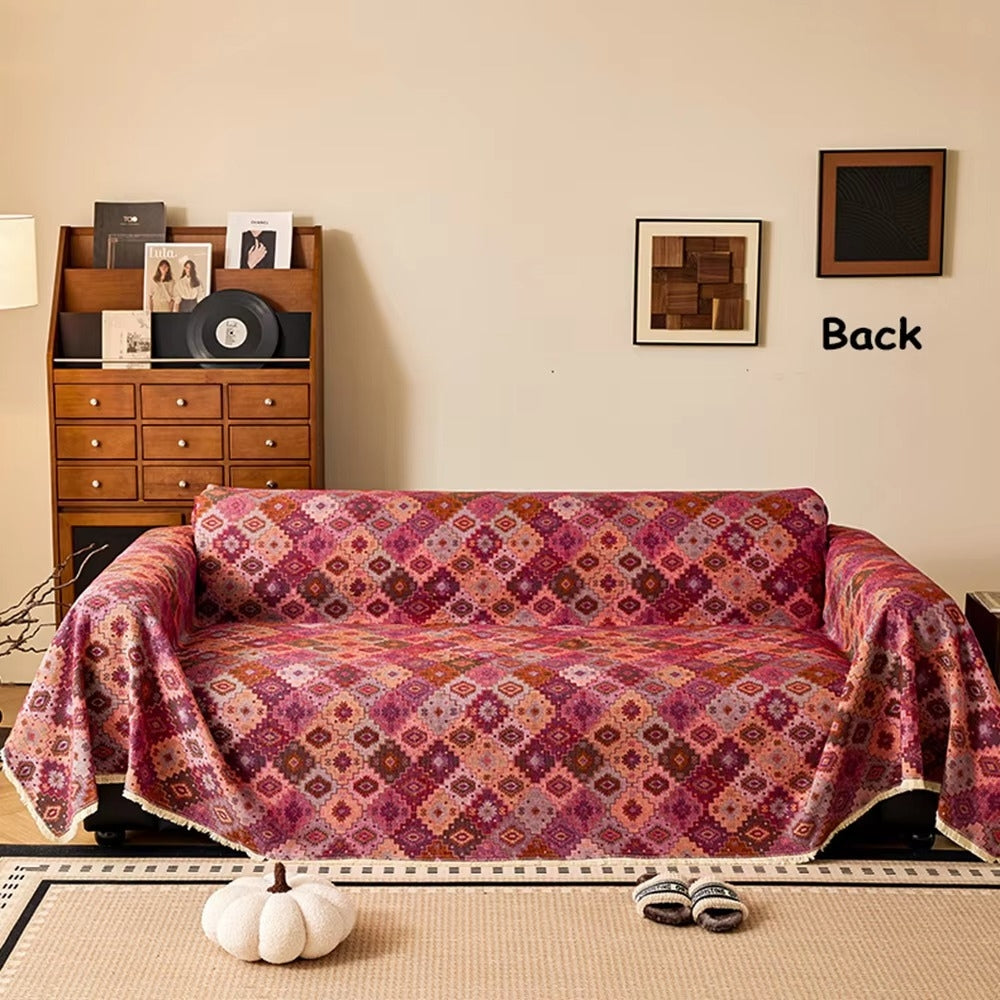 Sofa cover – Soft microfibre – Kilim geometric design – Chic tassel trim – Versatile couch slipcover for living room 4